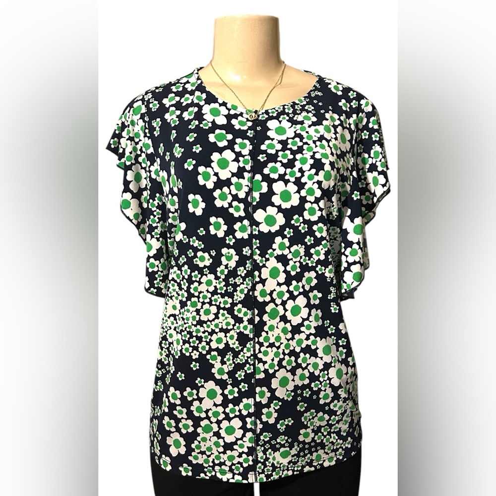 Floral white, Navy and Green Women's Top